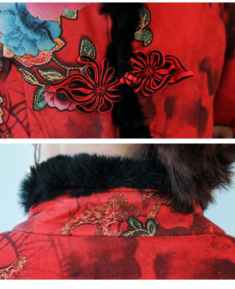 Зимний стиль, плотная Улучшенная хлопковая стеганая куртка Cheongsam, женский китайский стиль, меховой воротник, мягкий теплый китайский костюм из хлопка-p