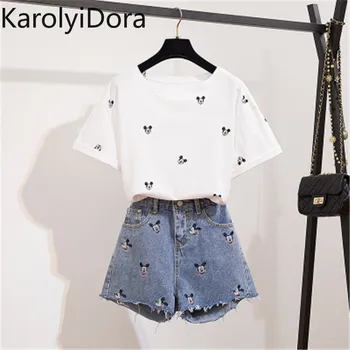 

2020Summer short sleeve Tshirt wide legs denim shorts 2 piece set cartoon mickey print tops cute runway embroidery jeans shorts
