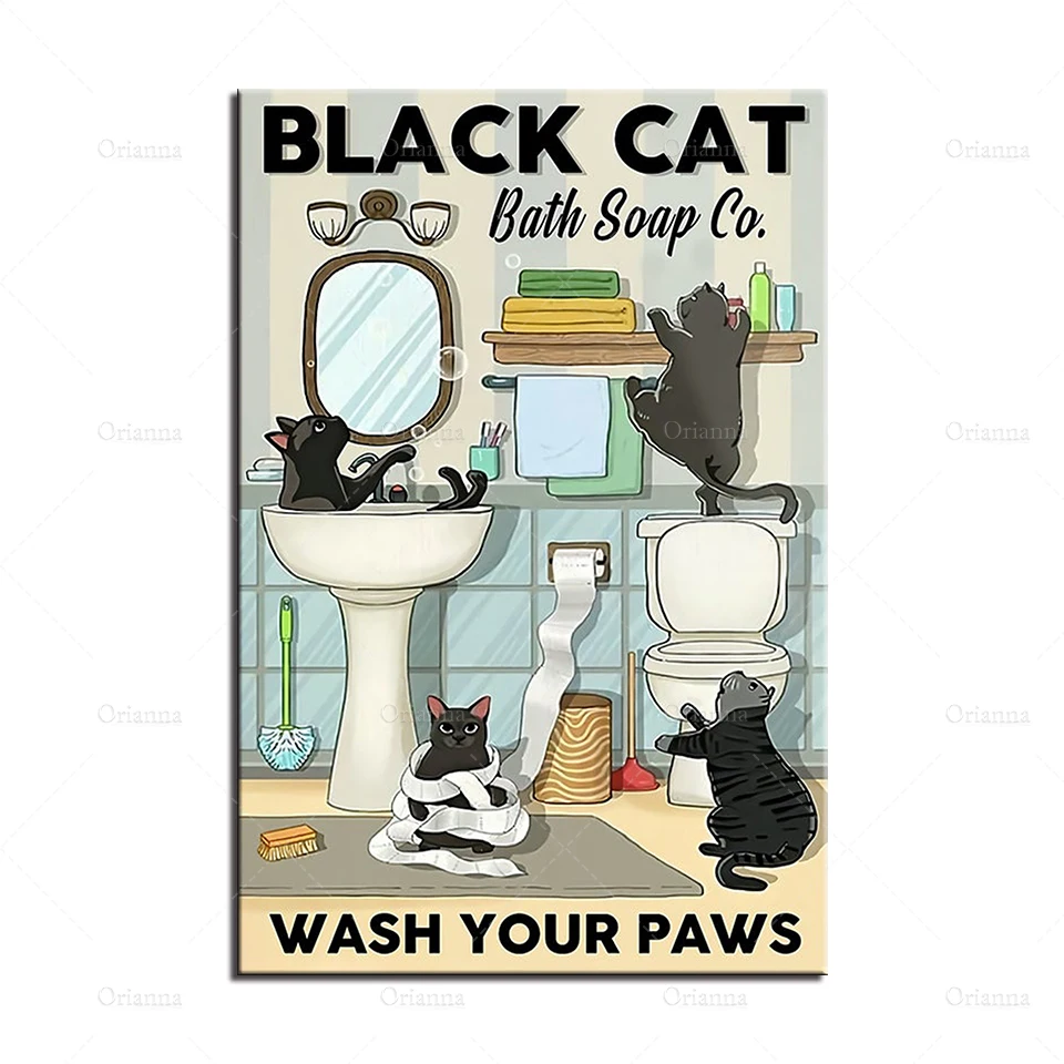 Vintage Poster Wash Your Paws Bathroom Art Print Grey Tabby Cat ...