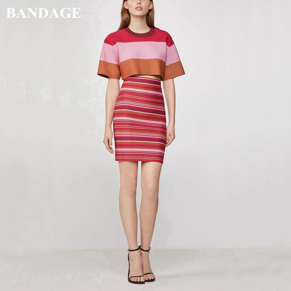

BANDAGE Elegant Stripe Women 2 Pieces Set Bodycon Skirt Set Office Lady Rayon Bandage Outfits Evening Party Crop Top and Skirts