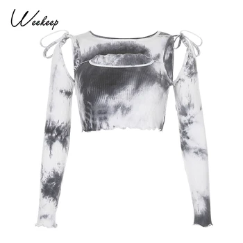 

Weekeep Tie Dye Print Sexy Cut out Tshirt Women Streetwear Frill Ruffle Lace up Cropped Top Autumn Long Sleeve Fashion Tee Shirt