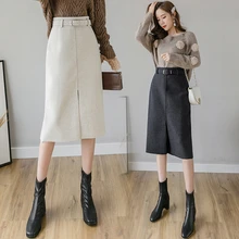 Зимние женские юбки черные шерстяные миди прямые юбки с разрезом для девочек юбка с высокой талией с поясом