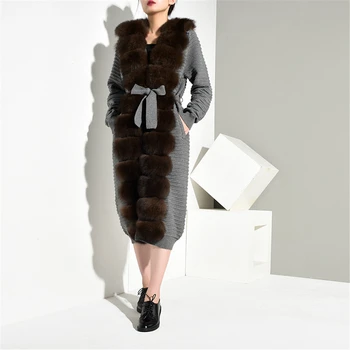 

Tatyana Furclub 2019 Fashion Dark Gray Knitted With Belt Winter Real Fur Coat Women Slim Knitted With Fox Fur Collar Long Coats