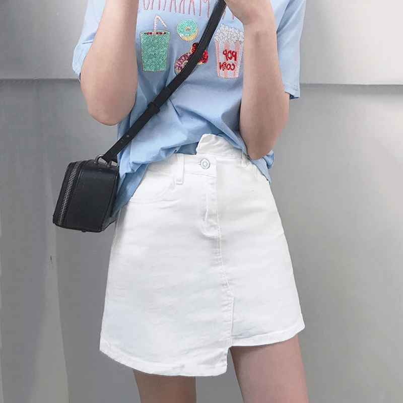 

2019 Irregular White Denim Skirt Women A-Line Short Jean Skirts Loose All Match Spring Summer Ripped Mini Skirt Streetwear