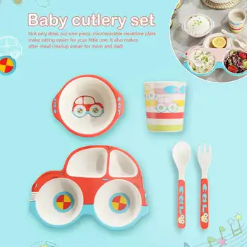 

5pcs/sets Baby Dish Tableware Set Natural Bamboo Fiber Bowl With Cup Spoon Plate Fork Feeding Dishes for Kids Utensils