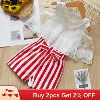 

Children Clothes 2020 Summer Fashion Style Girl Lace Cotton Top + Striped Bow pants 2PCS Clothes Suit Baby Girls Clothing Sets