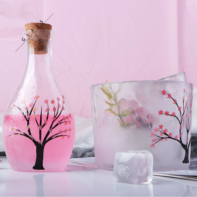 Japanese Sakura Tree Sake Jug Cup Set Crystal Glass Frosted Hand