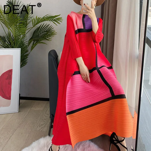 DEAT Women Maxi Pleated Dress Over Size Hit Color Stand Collar Seven Sleeve Loose Waist Casual Style 2021 New Autumn 15XF771 1