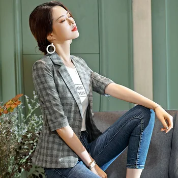 

2020 Spring Summer Plaid Small Jacket Women Retro Korean-style Chic Casual Half Sleeve