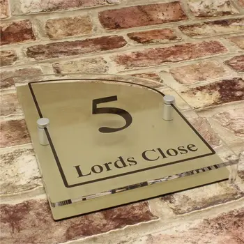 

House number Brushed Gold Effect Hous enumber Personalised Modern House Sign Name and Number Curved Top Door sign