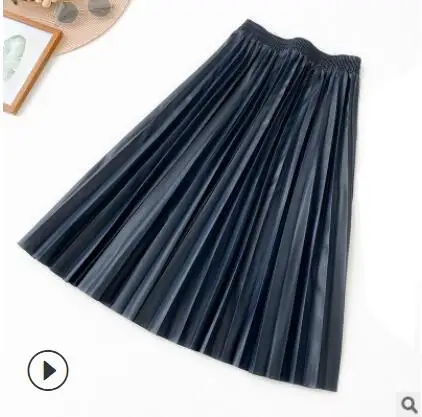 dark blue Плиссированная юбка из искусственной кожи с высокой талией Женская осенне-зимняя элегантная юбка средней длины юбки женская желтая Зеленая кожаная юбка qh2012 - Color: dark blue