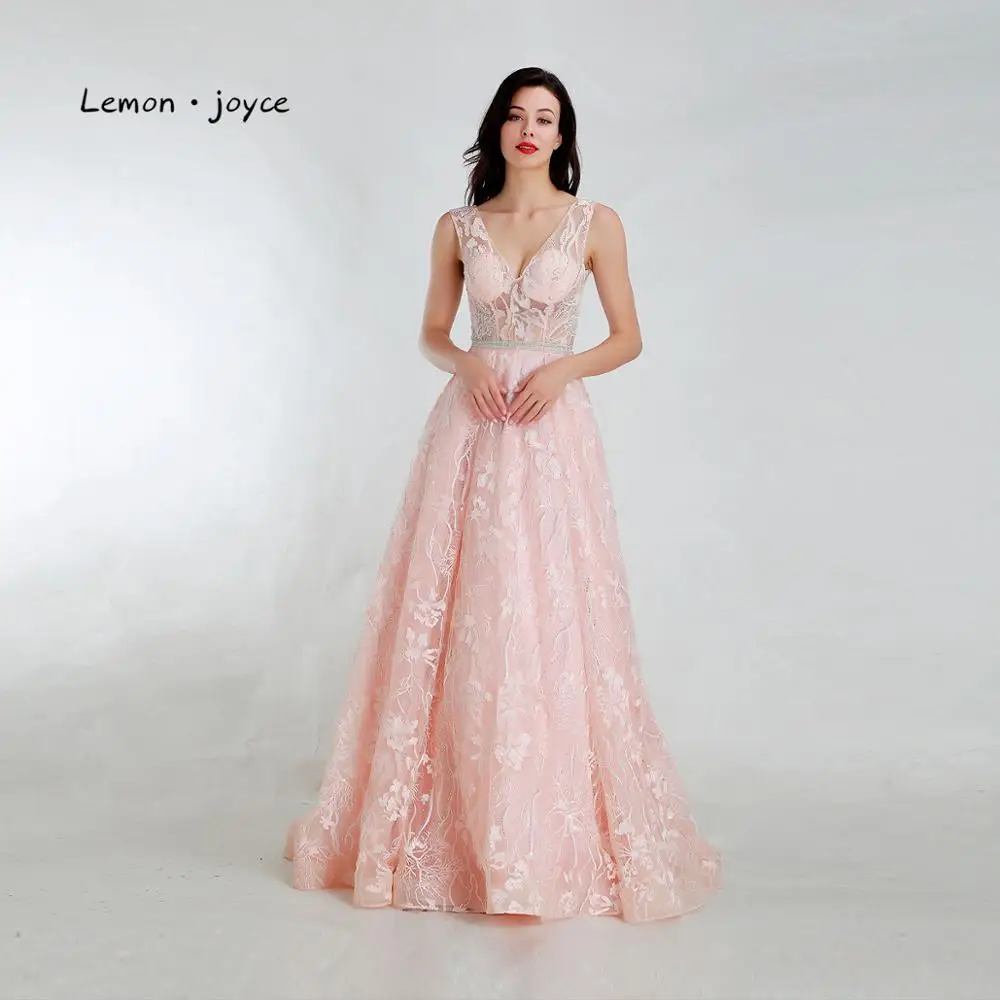

Lemon joyce Pink Evening Dresses 2019 New Arrival Simple V-neck Lace Backless A-line Prom Gowns Plus Size robe de soiree