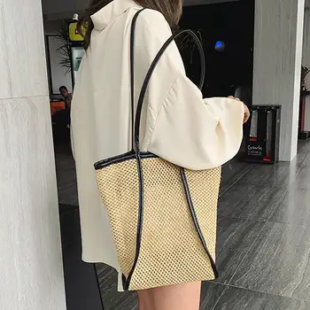 

Straw Woven Shoulder Bag Women's Fashion Woven Handbags Beach Bag Purse Coin Phone Bag Patchwork Colors Hasp Bucket Bag #15