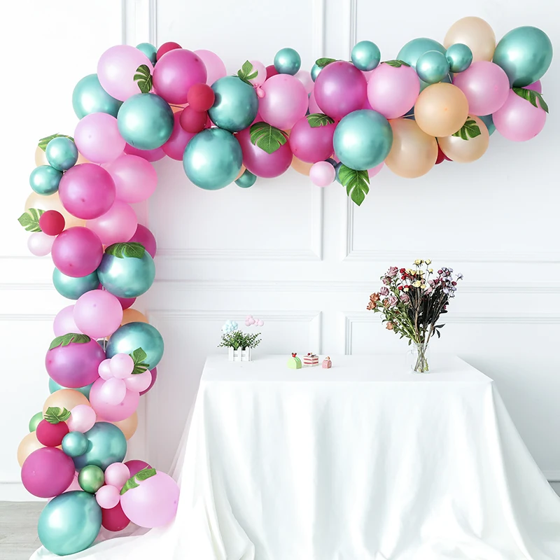 

126pcs Pink Green Tropical Balloon Garland Kit Hawaiian Luau Flamingo Theme Balloon with Palm Leaves Wedding Birthday Decoration