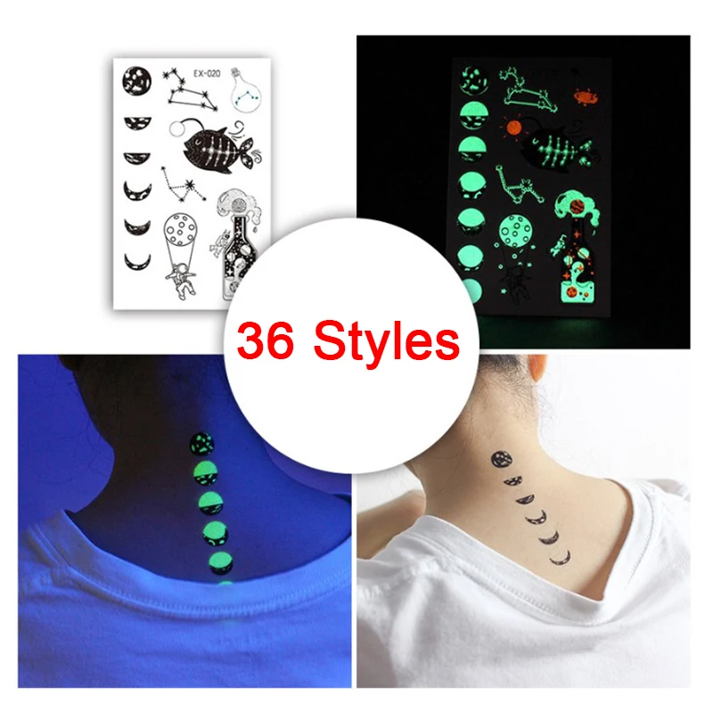 2pcs Luminous Tattoo Sticker For Men Women Element Light Festival Temporary Shine Waterproof Cool Girl Tattoos 12x7.5cm Body Art