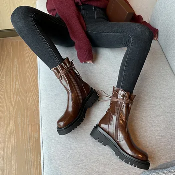 

MORDOAN Genuine Cow Leather Martin boots mid-heel women's shoes retro British style lace-up thick heel ankle boots women
