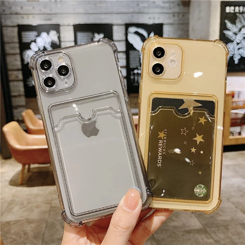 Simple Transparent Silicone Wallet Case for iPhone 12 11 Pro XS Max SE X XR 6 6s 7 8 Plus Shockproof Lens Protection Card Cover