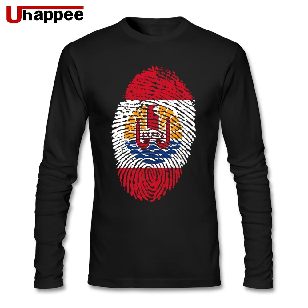 

French Polynesia Flag Fingerprint Men O Neck Cotton Long Sleeve Custom Plus Size Base T Shirts American T-shirts For Men On Sale