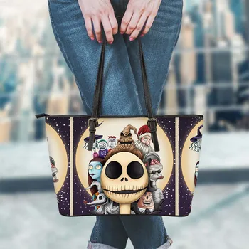 

ELVISWORDS Women Large Shoulder Handbag 2020 Halloween The Nightmare Before Christmas Printed PU Leather Tote Bag for Girls