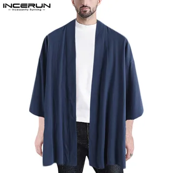 

INCERUN Chinese Style Men Trench Outerwear Vintage Cotton 3/4 Sleeve Solid Retro Kung-fu Streetwear Cardigan Men Cape Coats 2020
