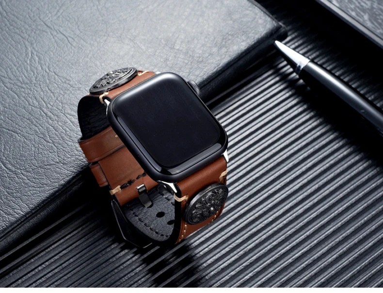SIKAI винтажный кожаный ремешок для часов Apple Watch 44 мм/42 мм китайский стиль ремешок для часов с поворотным компасом для iWatch 4/3/2/1