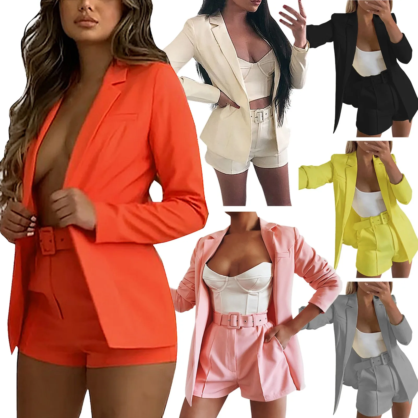 Women Jacket Blazer Suit Fashion Casual Ladies Solid Color Two Piece 2021 Summer Office Wear Elegant Pants With Belt |