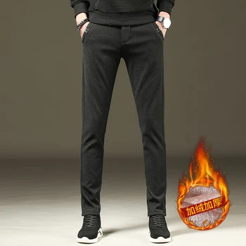 

2019 New winter Men's warm casual pants classic High quality Elastic slim thick plus velvet trousers men's clothes black