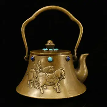 

wedding decoration Old Chinese Bronze Inlay Gem Human Man Ride Horse Statue Handle Teapot Wine Pot