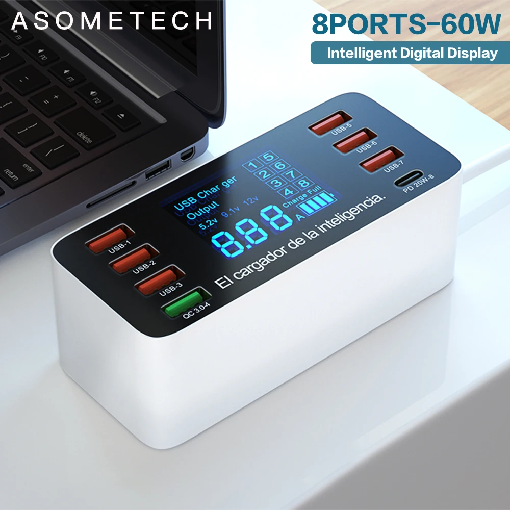 8 Ports QC3.0 USB Charger PD3.0 Type C Fast Charger For iPhone 12 Pro Tablet Adapter HUB USB C Charger For xiaomi huawei samsung