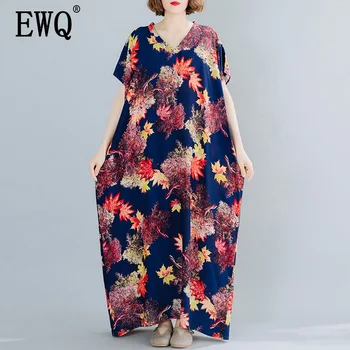 

[EWQ] 2020 Spring Summer New Pattern V-collar Short Sleeve Print Patchwork Pullovers Casual Dress Women large size AK92117