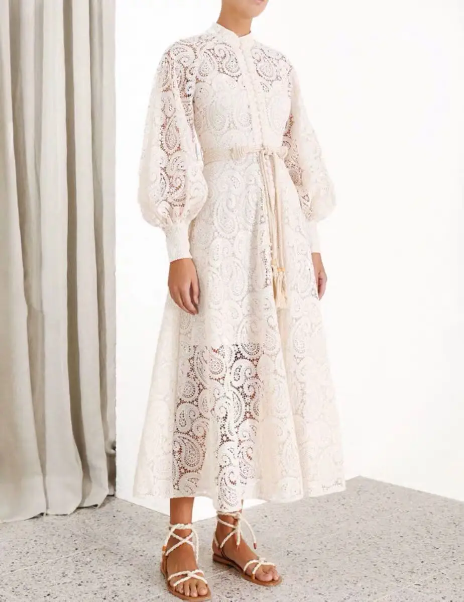 Осеннее высококачественное Роскошное дизайнерское платье для подиума женские однобортные кружевные платья с рукавами-фонариками
