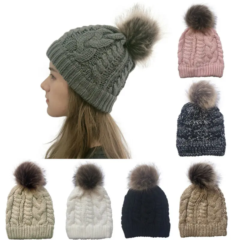 

Women Warm Cozy Knitted Ladies Solid Benie Fur Pom Bobble Skull Cap Winter Hat
