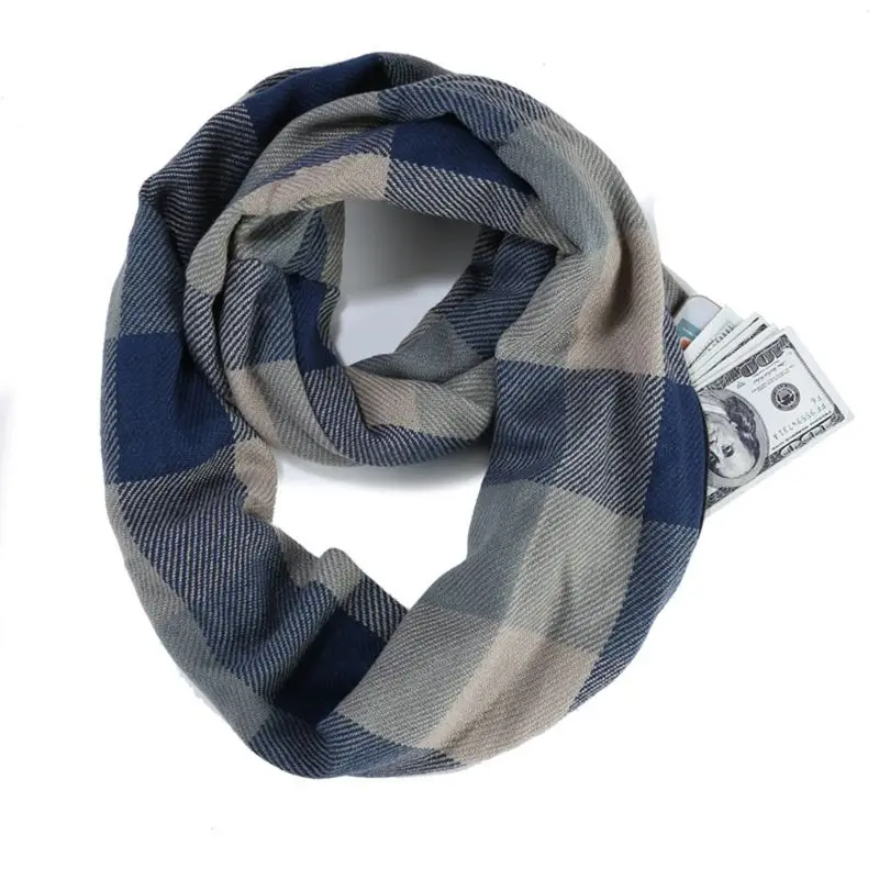 Women Men Winter Travel Pashmina Plaid Infinity Scarf with Hidden Zipper Pocket - Цвет: D