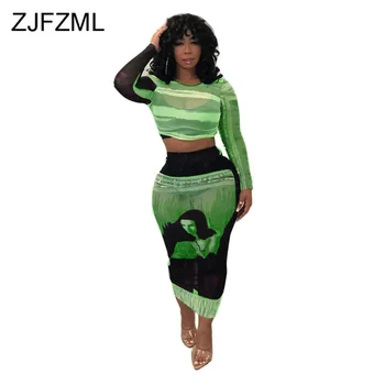 

Character Printed Sexy Two Piece Set Womens Clothing O-Neck Full Sleeve Crop Tops and Bodycon Maxi Skirt Festival Tracksuits