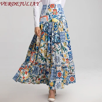 

Wholesale Runway New Skirt Retro Designer High Quality Princess Porcelain Printed Long Trumpet Skirt With Belt 2020