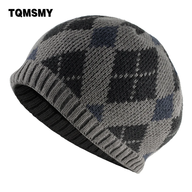 

TQMSMY Winter Warm Knitted Skullies Beanies Men Thick Double Layer Beanie Hat With Velvet Men's Knit Plaid Bonnet Gorras Hat E61