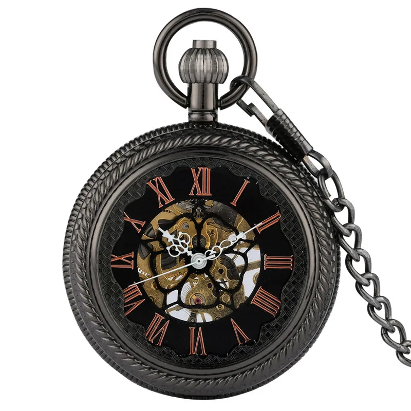 Mens Vintage Mechanical Pocket Watch Steampunk Hand Winding Skeleton Clock Roman Numeral Dial Half Hunter Pendant Chain Gift