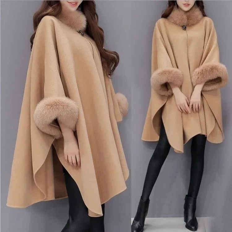 Зимний стиль, корейский стиль, воротник из лисьего меха, шерсть средней длины, шерстяное пальто, элегантный плащ, шаль, пальто для женщин