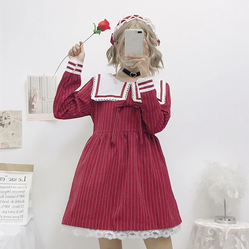 Autumn Women's Japanese Mori Girl Cute Bowknot Navy Collar Stripe Cos Loli Dress Sweet Lolita Vestidos | Тематическая одежда и