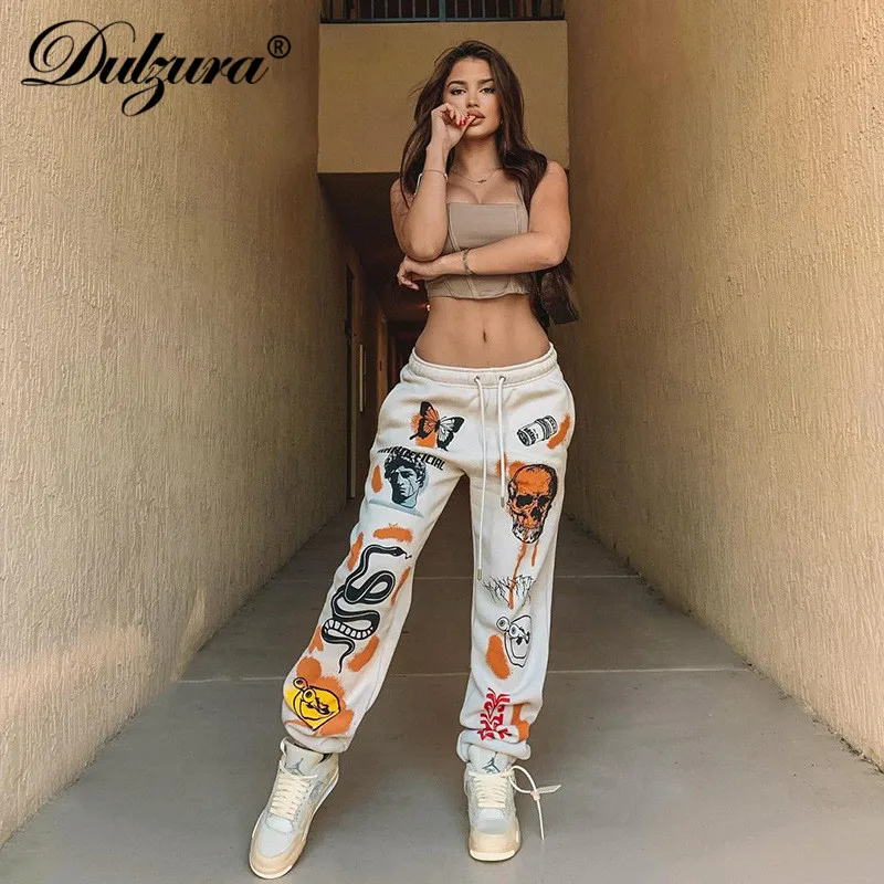 Dulzura-pantalones de chándal de cintura alta para mujer, ropa informal suelta e informal, con estampado de calavera y lazo de mariposa tinte dibujo, otoño e invierno, 2020