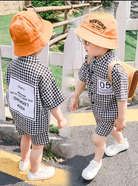 Summer Fashion Baby Boys Clothes Set short sleeve shirt Plaid Suit For Boys Children Clothing Cotton Costume For Kids Suits