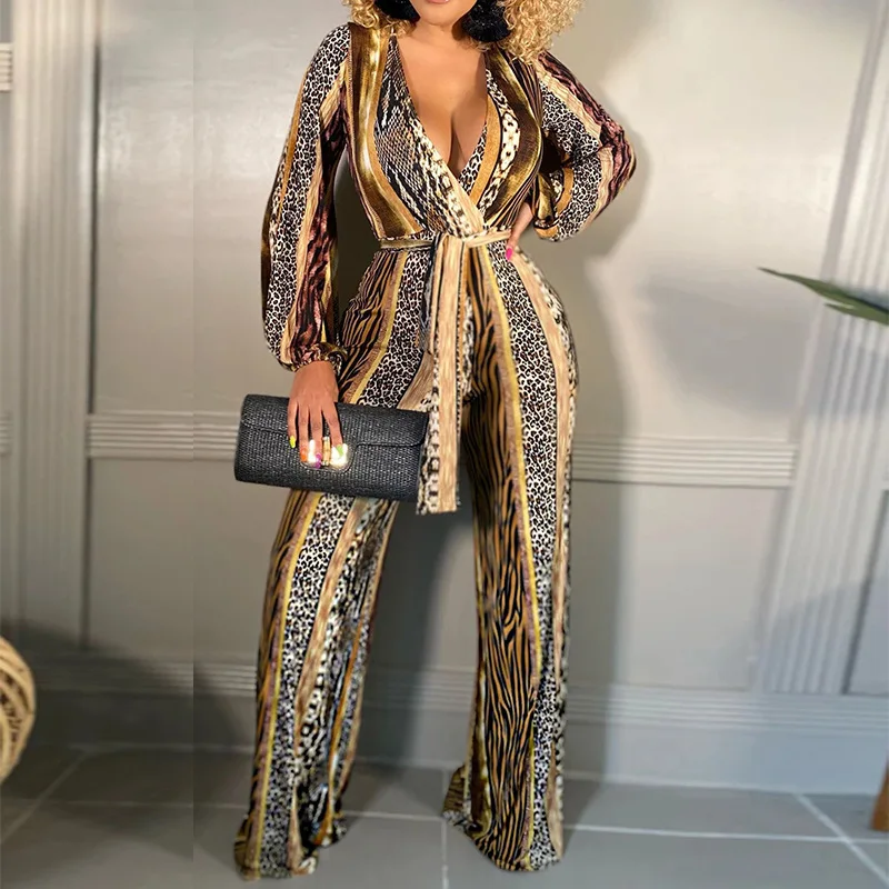 2021 Autumn Winter Leopard Print Sexy V-Neck Long-Sleeved Jumpsuit Fashion Casual African Women