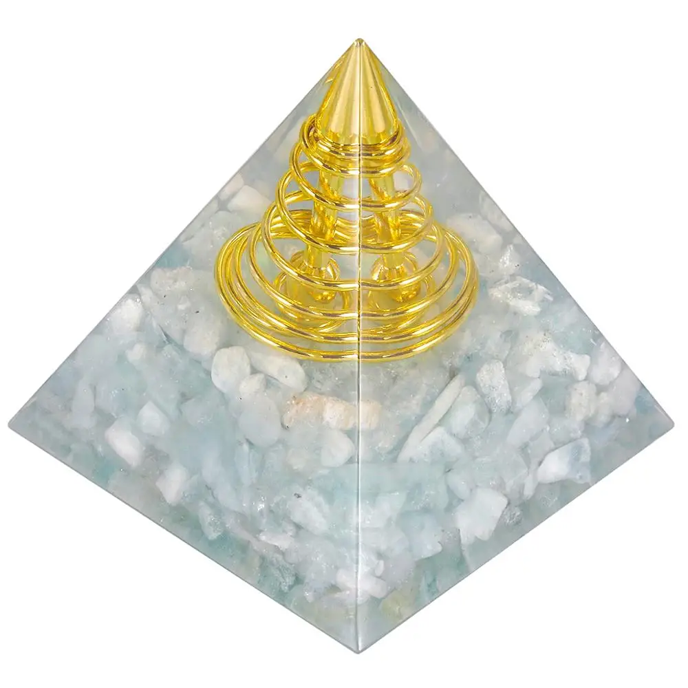 Aquamarine TUMBEELLUWA целебный Кристалл Orgone Пирамида с золотой спиральной точкой, генератор энергии оргонита для йоги медитации чакра балансировки - Цвет: Aquamarine