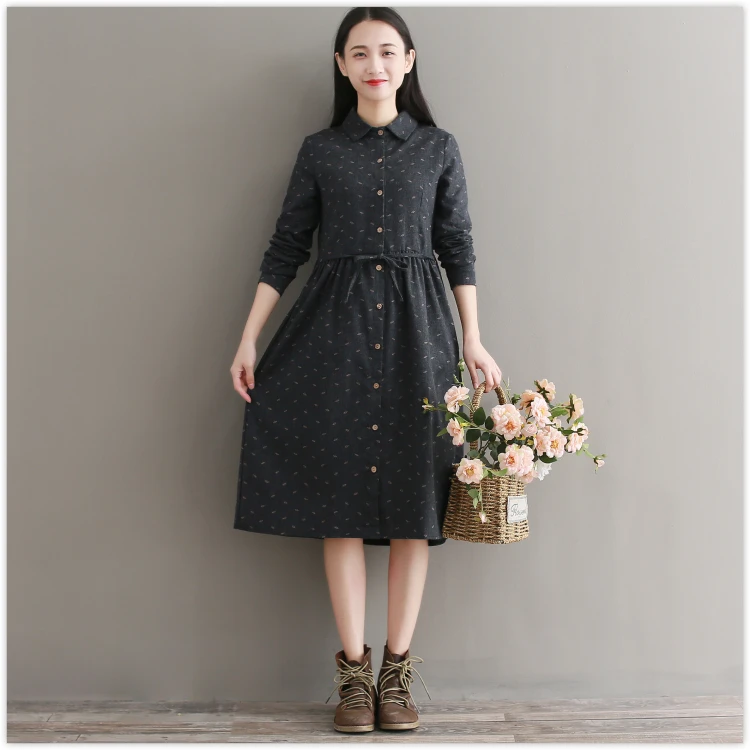 Robe Femme/осенне-зимнее винтажное платье элегантные хлопковые платья с длинными рукавами и отложным воротником для девочек Vestidos AF830