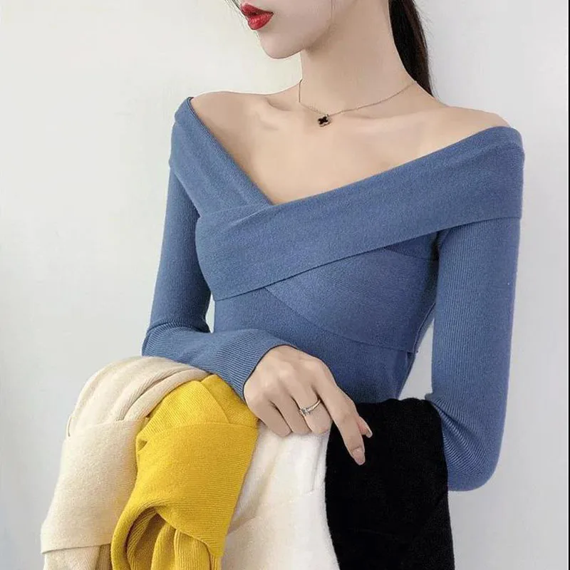 

2021 сексуальные однотонные облегающие пуловеры с открытыми плечами, свитеры, осенне-зимний вязаный свитер с V-образным вырезом, базовый женский джемпер, Топ с длинным рукавом