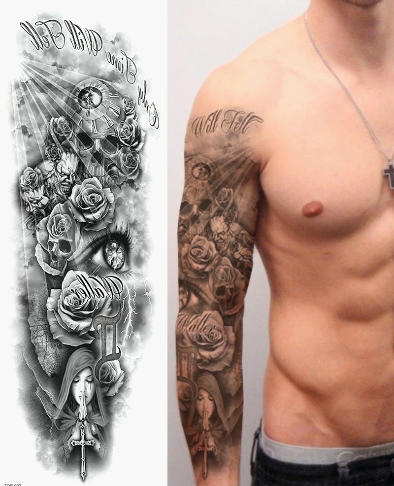 Водостойкая временная татуировка наклейка череп Роза мотор полный рука большой размер поддельные тату флэш-тату рукав Тато для мужчин и женщин - Цвет: Смешанный цвет