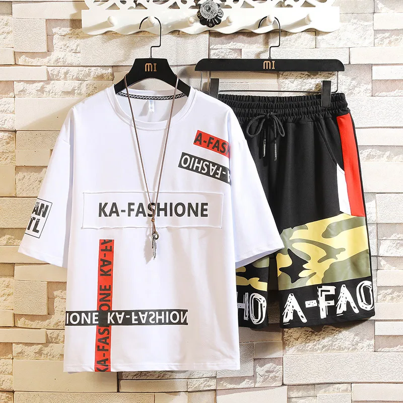 

2019 Summer Men's Half-sleeve Shirt Short Sleeve Patch Set Students Slim Fit Versatile Half Sleeve Shorts Set Men Fashion
