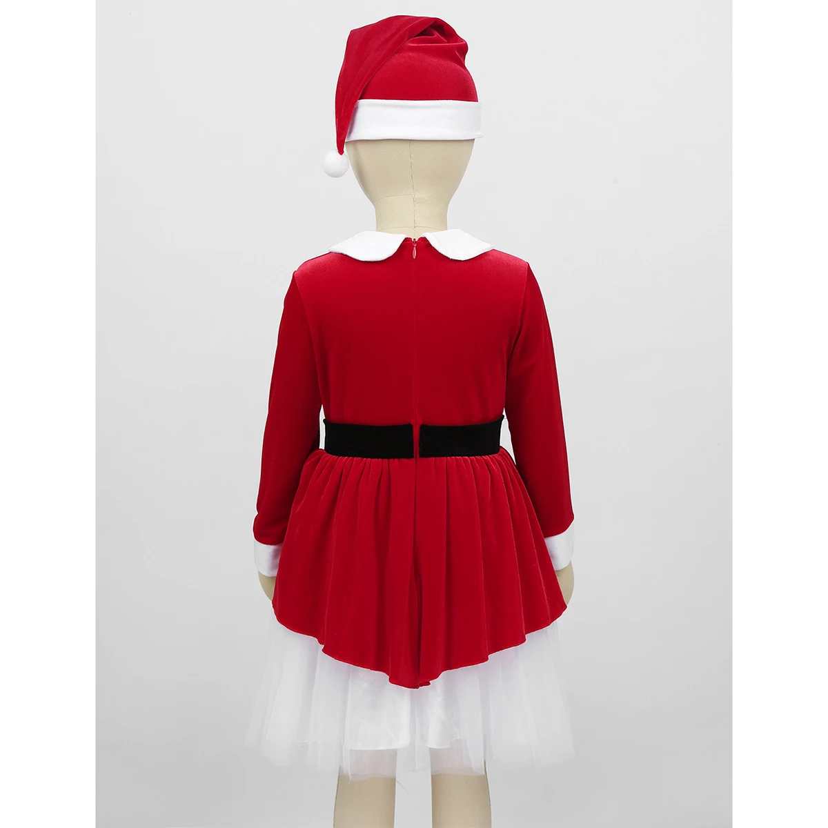 Детский красный костюм Санта-Клауса для девочек, одежда для костюмированной вечеринки на Рождество, мягкий бархатный с длинными рукавами, декоративное Сетчатое платье с поясом и шляпой