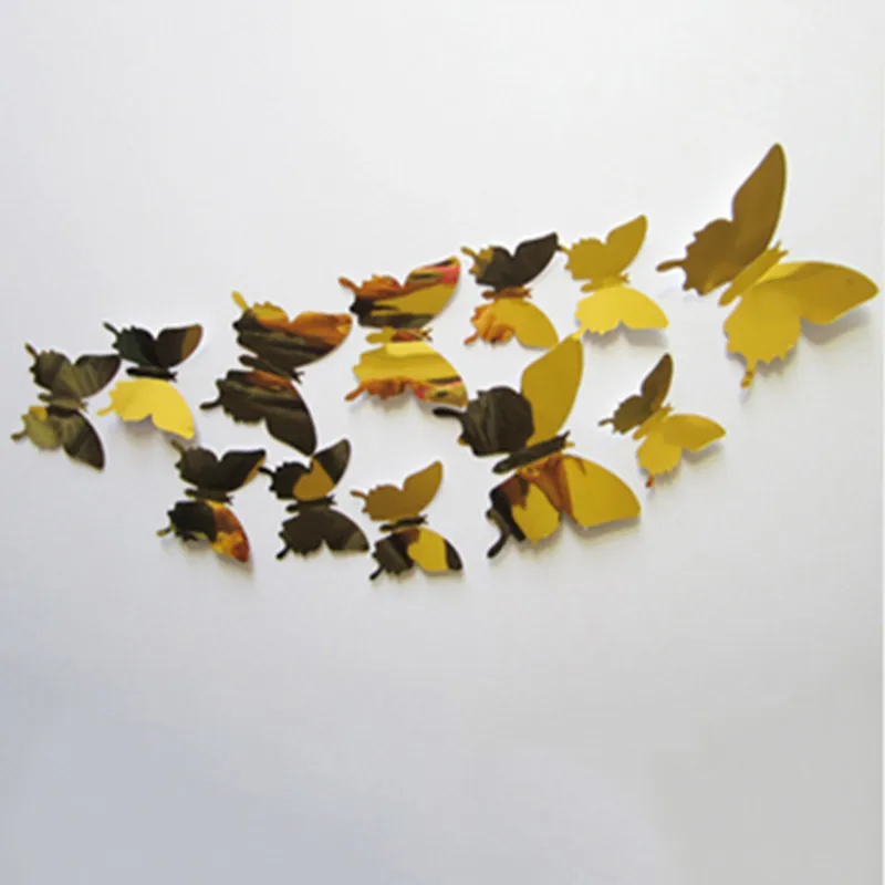 NieNie, 12 шт./лот, 3D полые наклейки на стену с бабочками для детских комнат, домашний декор, сделай сам, бабочки, наклейки на холодильник, наклейки для украшения комнаты - Цвет: Mirror Golden