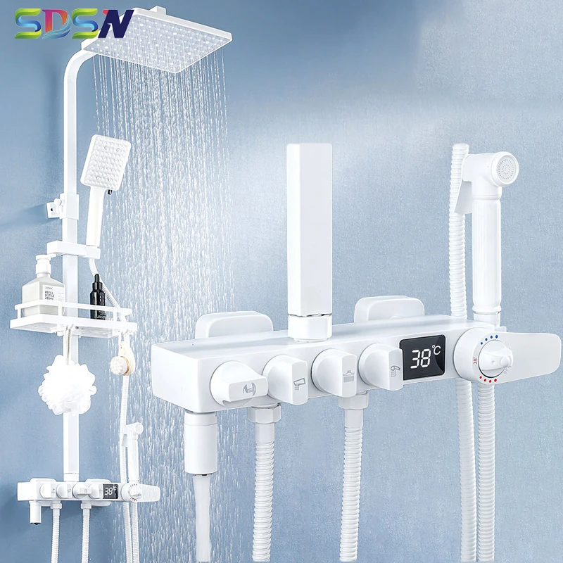 

White Digital Shower Set SDSN Solid Brass Bathtub Mixer Tap Luxury White Bathroom Faucets Hot Cold White Thermostatic Shower Set